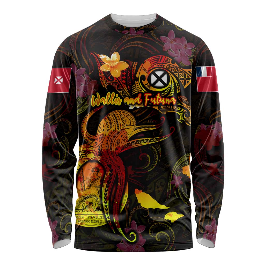 Wallis and Futuna Long Sleeve Shirt Octopus Plumeria Polynesian Tattoo DT02 Unisex Black - Polynesian Pride