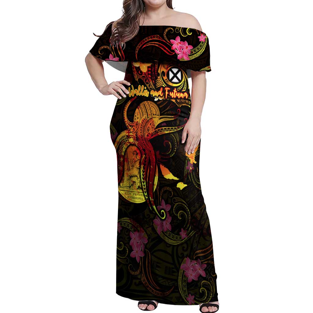 Wallis and Futuna Off Shoulder Maxi Dress Octopus Plumeria Polynesian Tattoo DT02 Women Black - Polynesian Pride