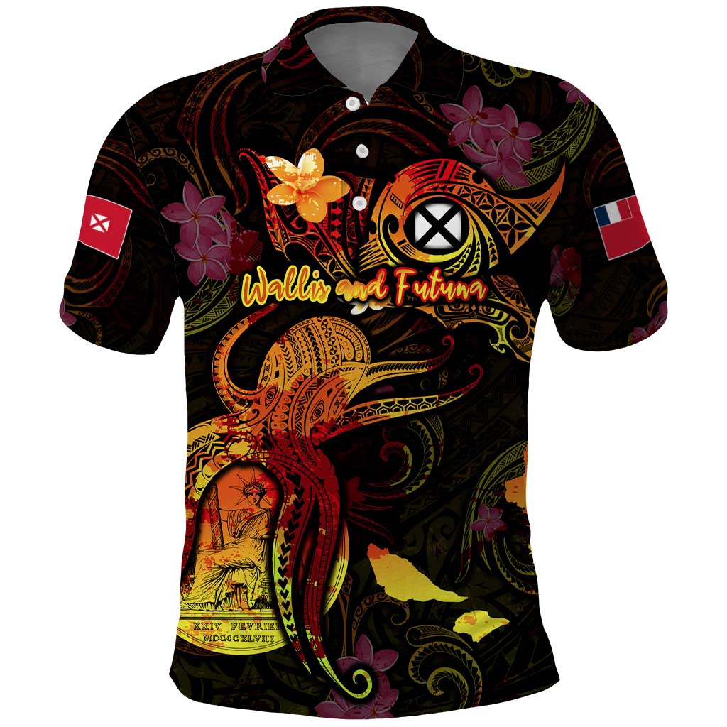 Wallis and Futuna Polo Shirt Octopus Plumeria Polynesian Tattoo DT02 Black - Polynesian Pride
