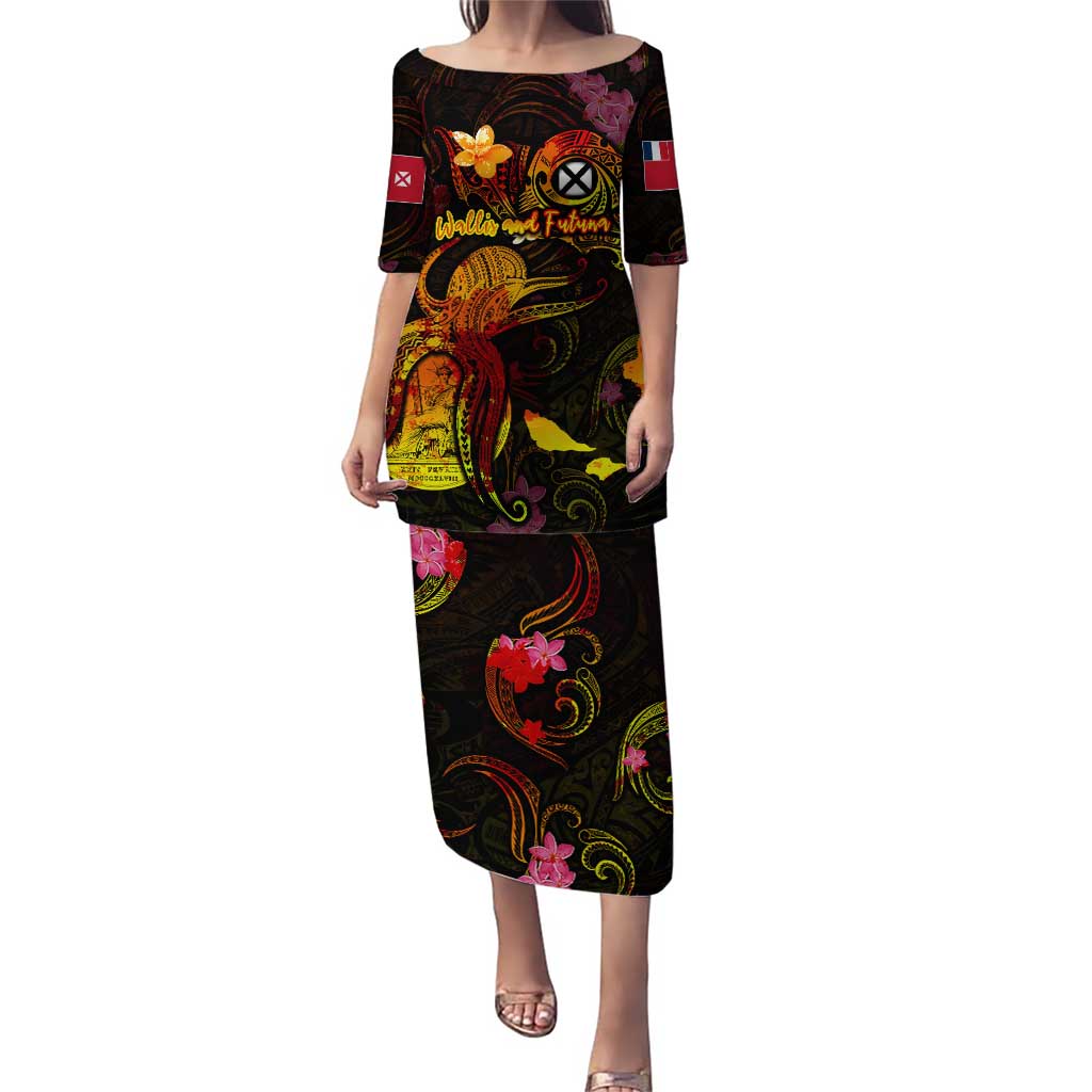 Wallis and Futuna Puletasi Octopus Plumeria Polynesian Tattoo DT02 Long Dress Black - Polynesian Pride