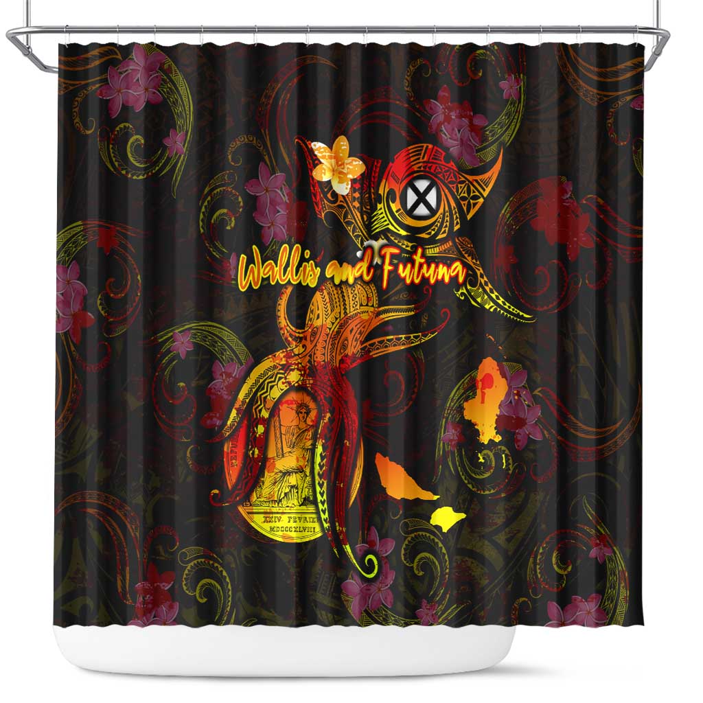 Wallis and Futuna Shower Curtain Octopus Plumeria Polynesian Tattoo DT02 Black - Polynesian Pride