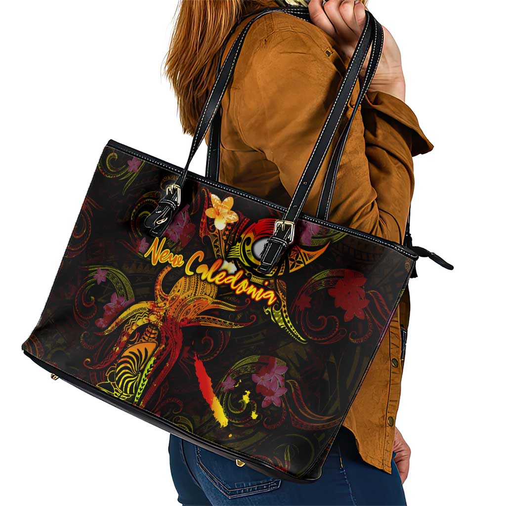 New Caledonia Leather Tote Bag Octopus Plumeria Polynesian Tattoo DT02 - Polynesian Pride
