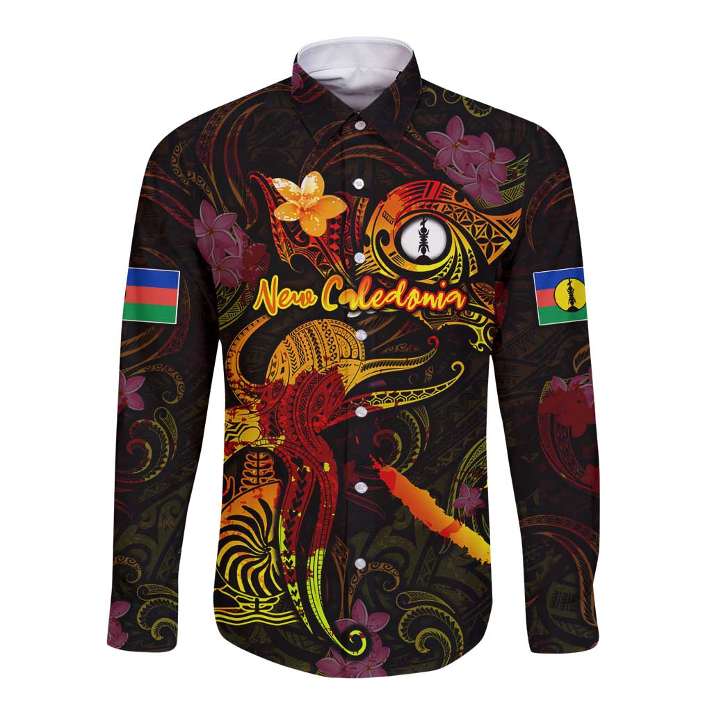 New Caledonia Long Sleeve Button Shirt Octopus Plumeria Polynesian Tattoo DT02 Unisex Black - Polynesian Pride