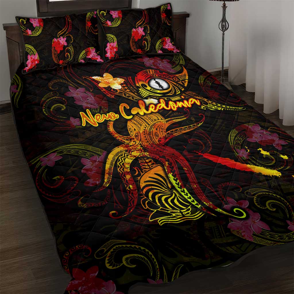 New Caledonia Quilt Bed Set Octopus Plumeria Polynesian Tattoo DT02 Black - Polynesian Pride