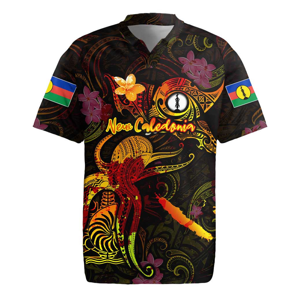 New Caledonia Rugby Jersey Octopus Plumeria Polynesian Tattoo DT02 Black - Polynesian Pride