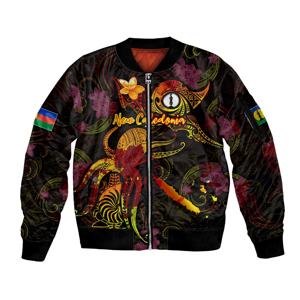 New Caledonia Sleeve Zip Bomber Jacket Octopus Plumeria Polynesian Tattoo DT02 Unisex Black - Polynesian Pride