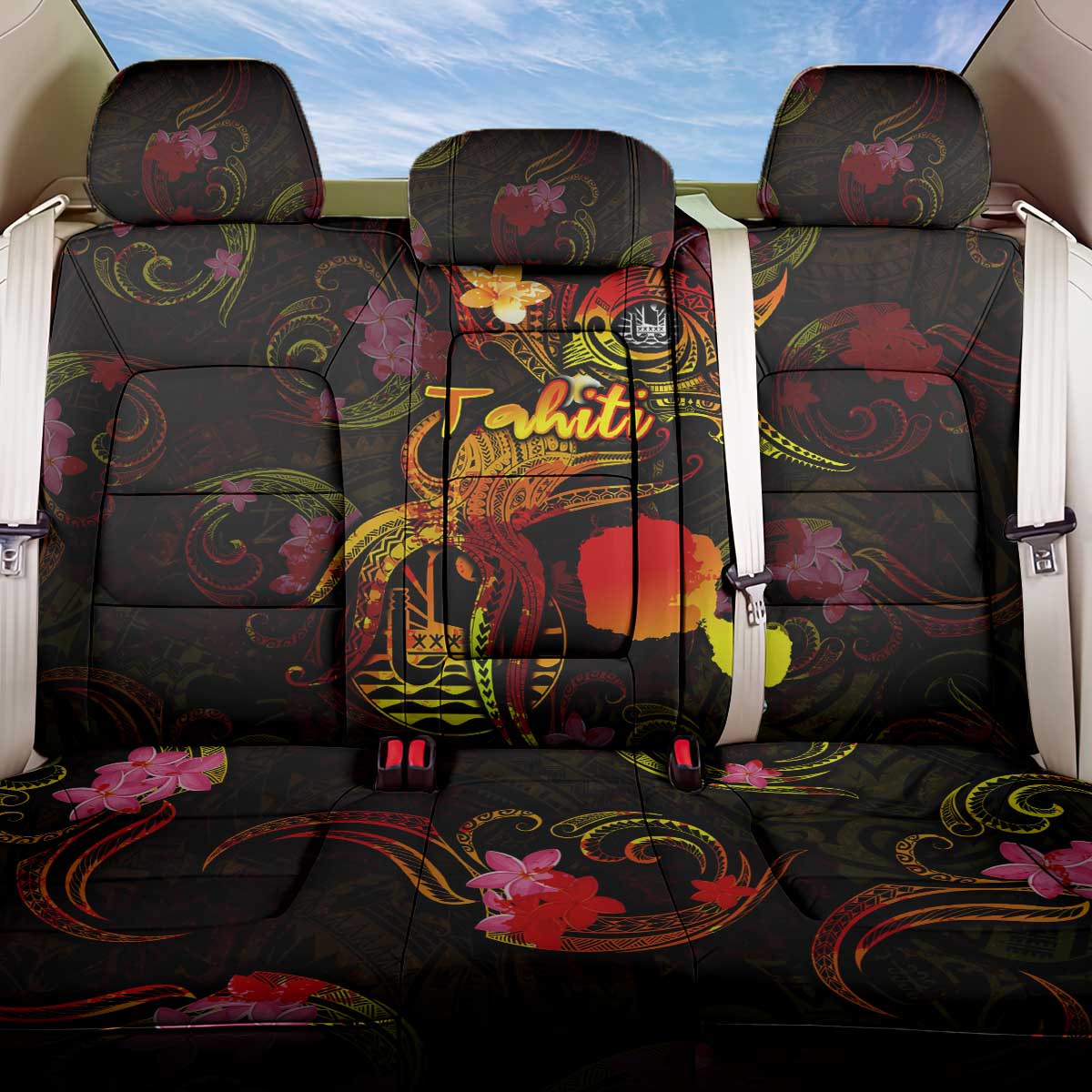 Tahiti French Polynesia Back Car Seat Cover Octopus Plumeria Polynesian Tattoo DT02 One Size Black - Polynesian Pride