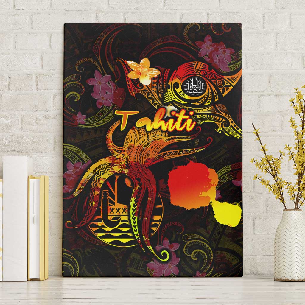 Tahiti French Polynesia Canvas Wall Art Octopus Plumeria Polynesian Tattoo DT02 Without Frame Black - Polynesian Pride