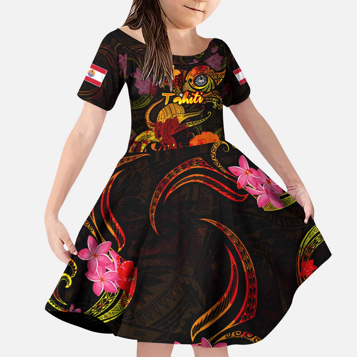 Tahiti French Polynesia Kid Short Sleeve Dress Octopus Plumeria Polynesian Tattoo DT02 KID Black - Polynesian Pride