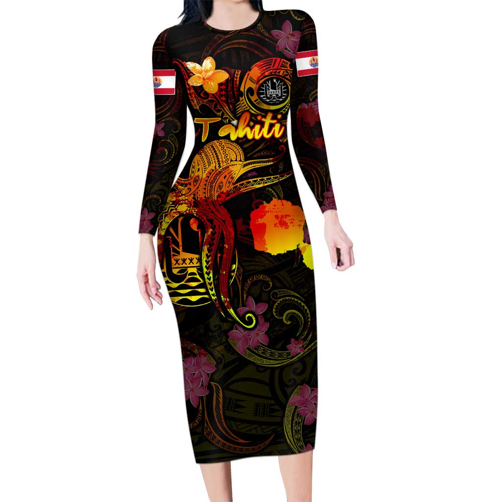 Tahiti French Polynesia Long Sleeve Bodycon Dress Octopus Plumeria Polynesian Tattoo DT02 Long Dress Black - Polynesian Pride