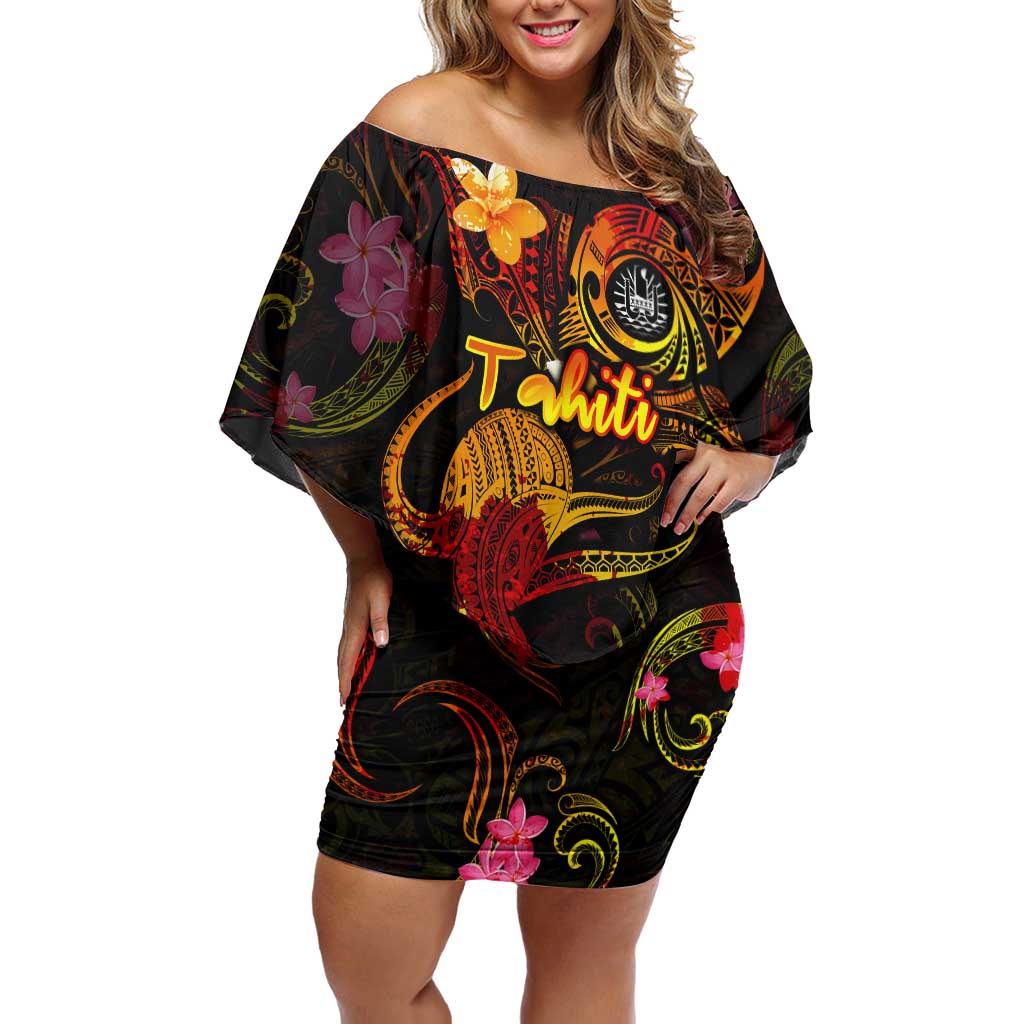 Tahiti French Polynesia Off Shoulder Short Dress Octopus Plumeria Polynesian Tattoo DT02 Women Black - Polynesian Pride