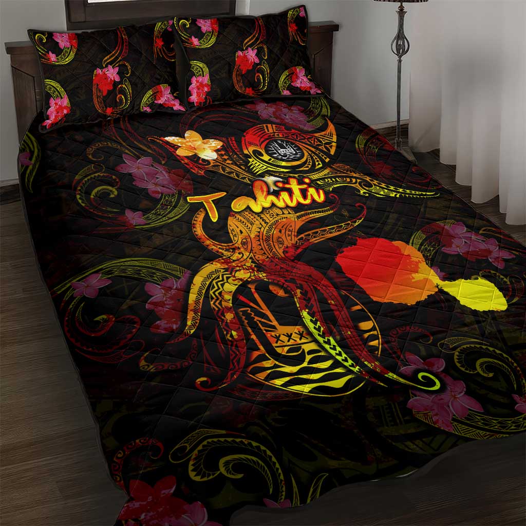 Tahiti French Polynesia Quilt Bed Set Octopus Plumeria Polynesian Tattoo DT02 Black - Polynesian Pride