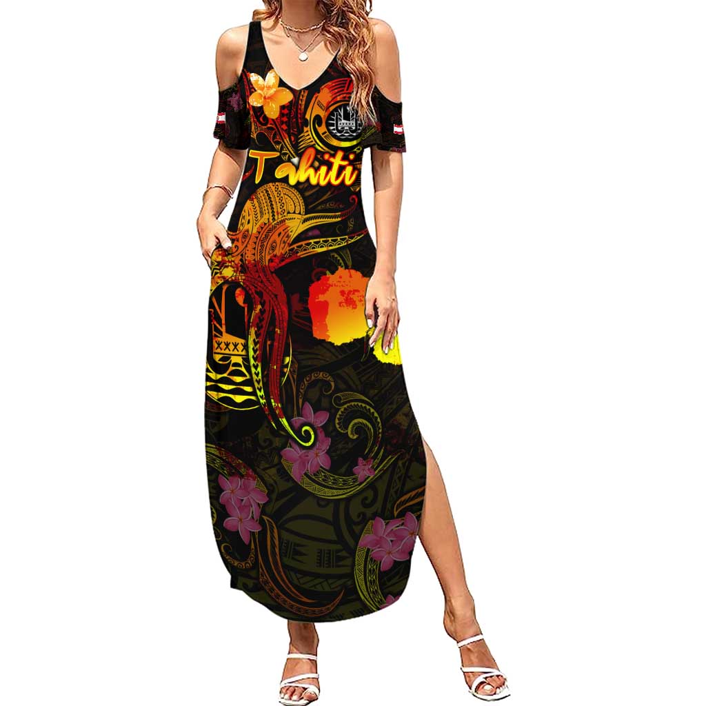 Tahiti French Polynesia Summer Maxi Dress Octopus Plumeria Polynesian Tattoo DT02 Women Black - Polynesian Pride