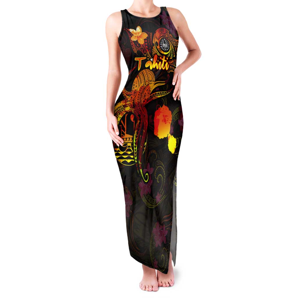 Tahiti French Polynesia Tank Maxi Dress Octopus Plumeria Polynesian Tattoo DT02 Women Black - Polynesian Pride