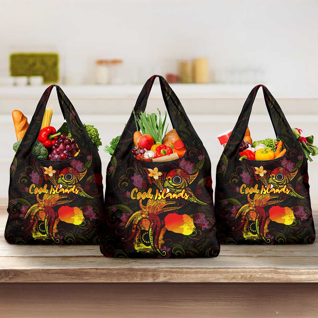 Cook Islands Grocery Bag Octopus Plumeria Polynesian Tattoo DT02 3-pack One Size Black - Polynesian Pride