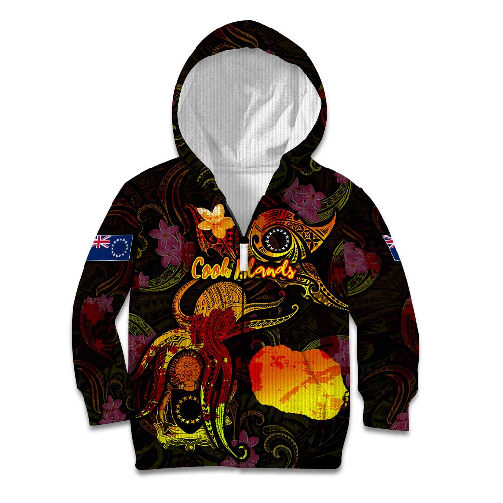 Cook Islands Kid Hoodie Octopus Plumeria Polynesian Tattoo DT02 Zip Hoodie Black - Polynesian Pride