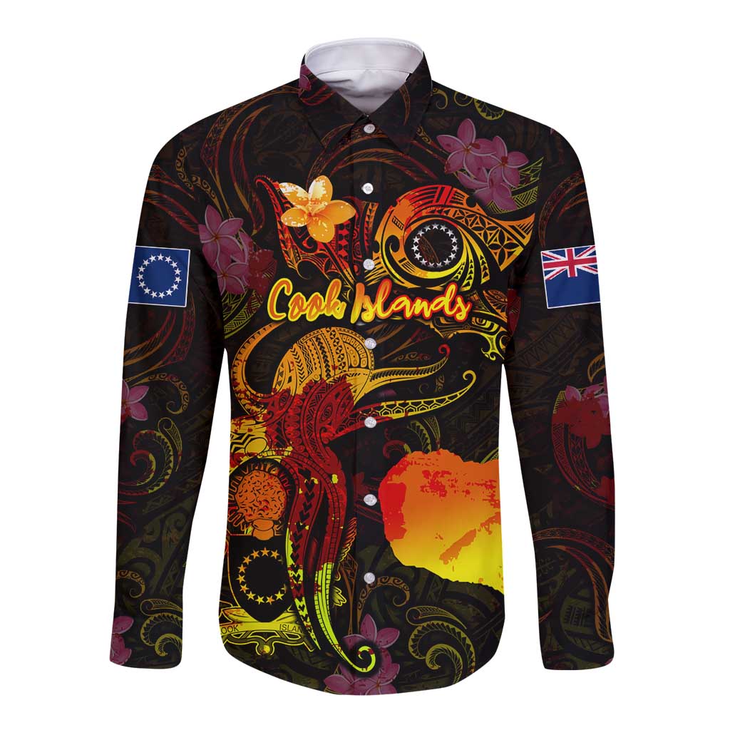 Cook Islands Long Sleeve Button Shirt Octopus Plumeria Polynesian Tattoo DT02 Unisex Black - Polynesian Pride