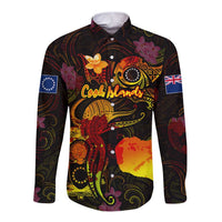 Cook Islands Long Sleeve Button Shirt Octopus Plumeria Polynesian Tattoo DT02 Unisex Black - Polynesian Pride