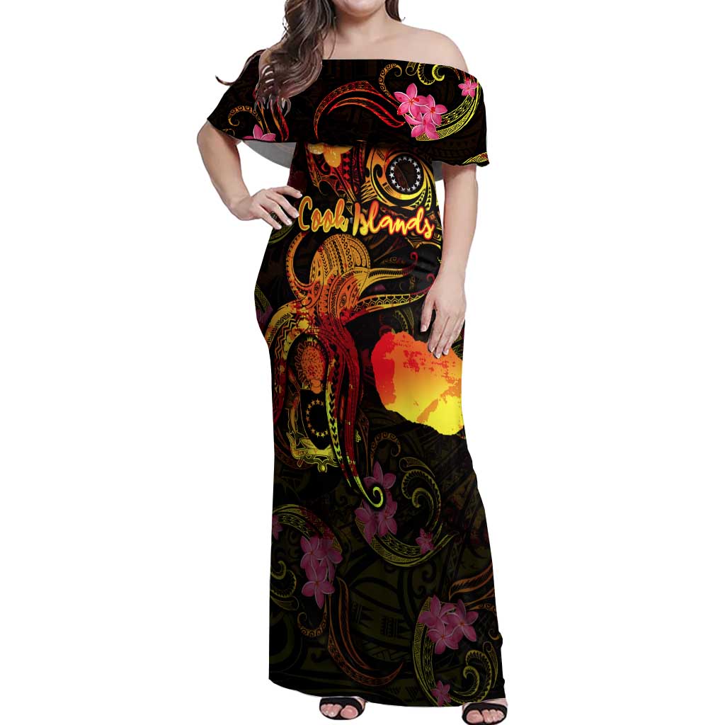 Cook Islands Off Shoulder Maxi Dress Octopus Plumeria Polynesian Tattoo DT02 Women Black - Polynesian Pride