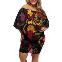 Cook Islands Off Shoulder Short Dress Octopus Plumeria Polynesian Tattoo DT02 Women Black - Polynesian Pride