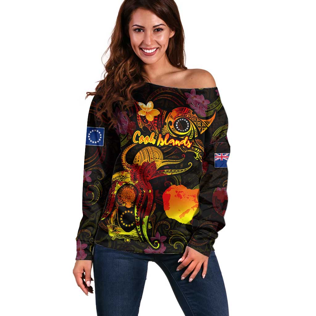 Cook Islands Off Shoulder Sweater Octopus Plumeria Polynesian Tattoo DT02 Women Black - Polynesian Pride