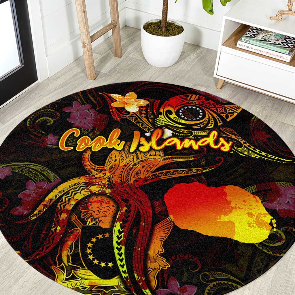 Cook Islands Round Carpet Octopus Plumeria Polynesian Tattoo DT02 Black - Polynesian Pride