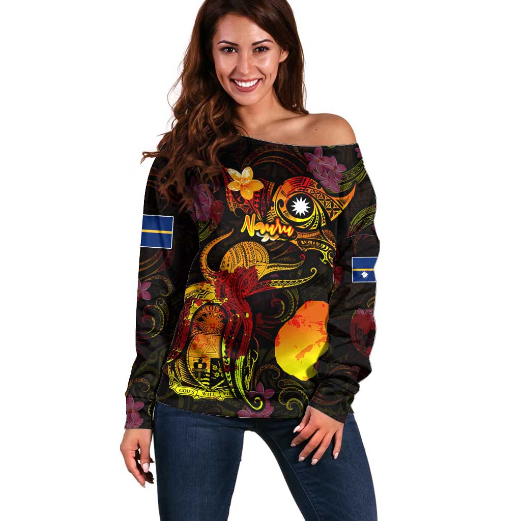 Nauru Off Shoulder Sweater Octopus Plumeria Polynesian Tattoo DT02 Women Black - Polynesian Pride