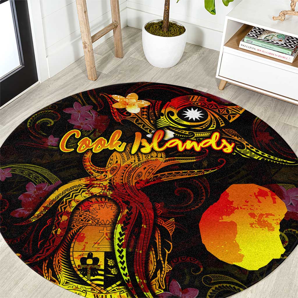 Nauru Round Carpet Octopus Plumeria Polynesian Tattoo DT02 Black - Polynesian Pride