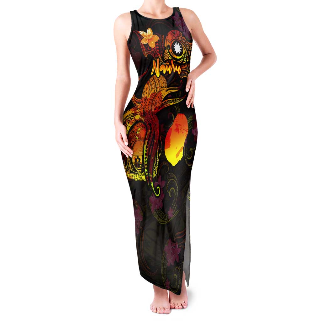 Nauru Tank Maxi Dress Octopus Plumeria Polynesian Tattoo DT02 Women Black - Polynesian Pride
