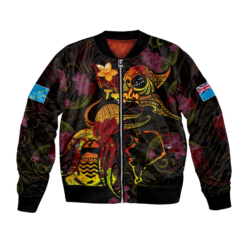 Tuvalu Bomber Jacket Octopus Plumeria Polynesian Tattoo DT02 Unisex Black - Polynesian Pride