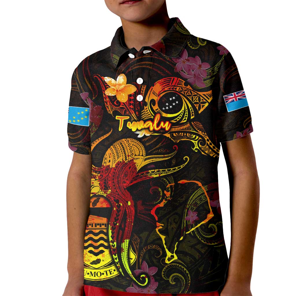 Tuvalu Kid Polo Shirt Octopus Plumeria Polynesian Tattoo DT02 Kid Black - Polynesian Pride