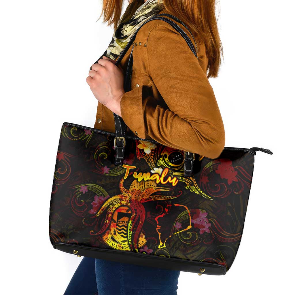 Tuvalu Leather Tote Bag Octopus Plumeria Polynesian Tattoo DT02 Black - Polynesian Pride