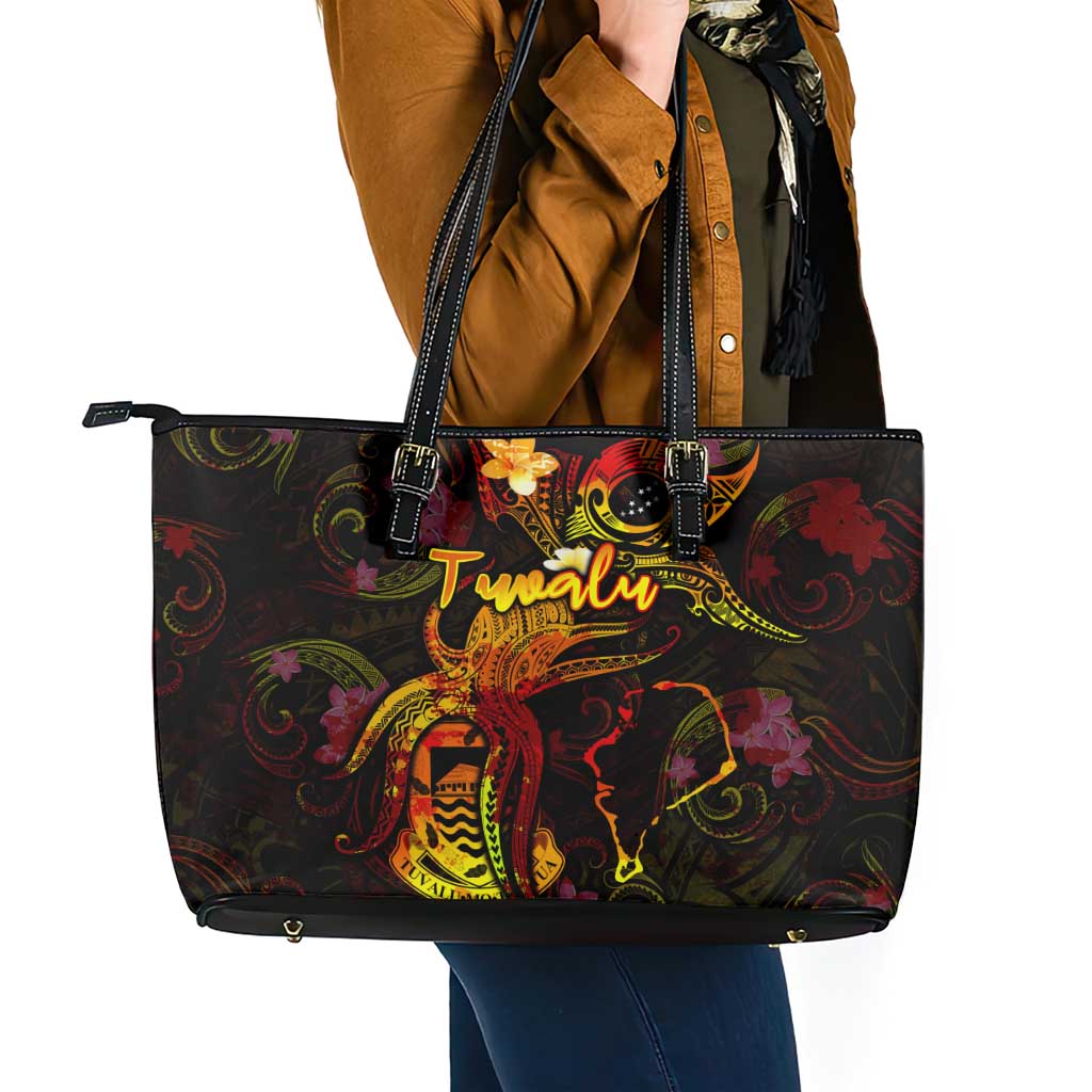 Tuvalu Leather Tote Bag Octopus Plumeria Polynesian Tattoo DT02 - Polynesian Pride