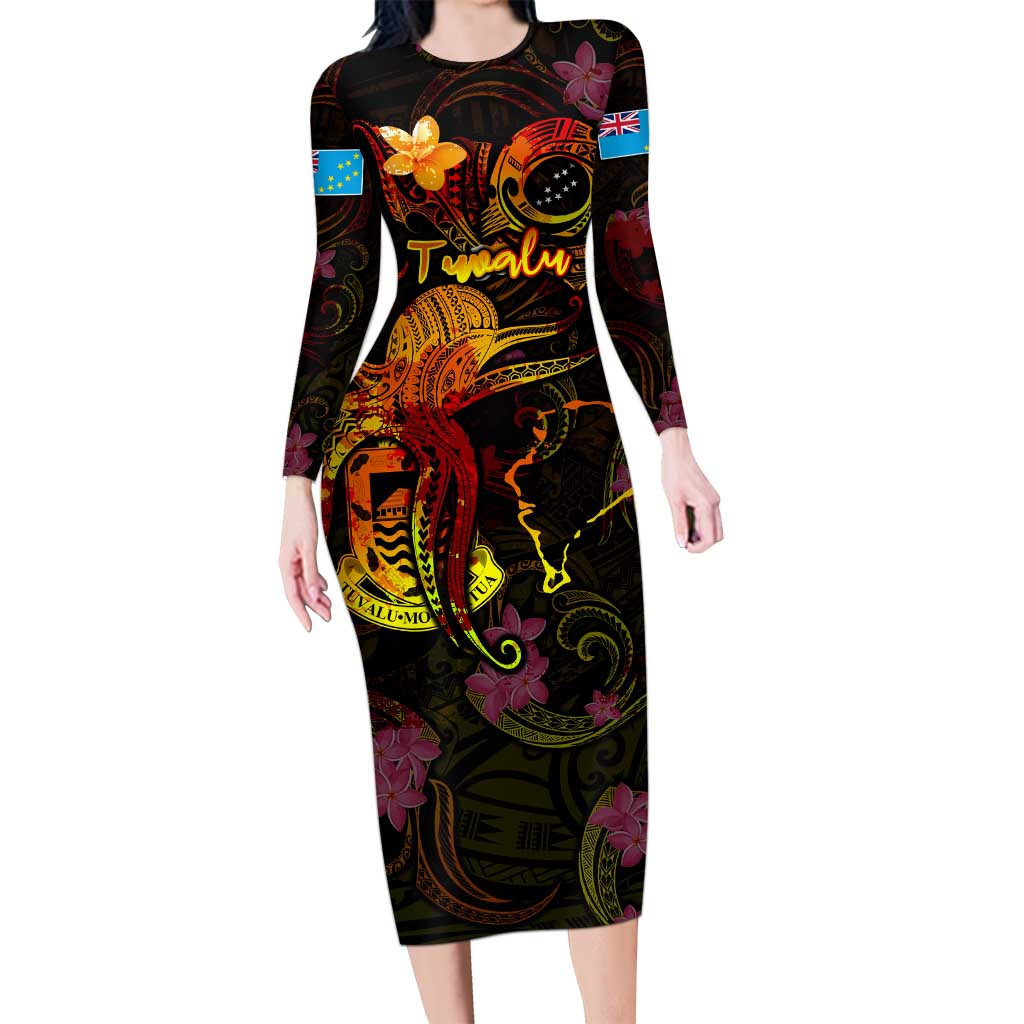Tuvalu Long Sleeve Bodycon Dress Octopus Plumeria Polynesian Tattoo DT02 Long Dress Black - Polynesian Pride