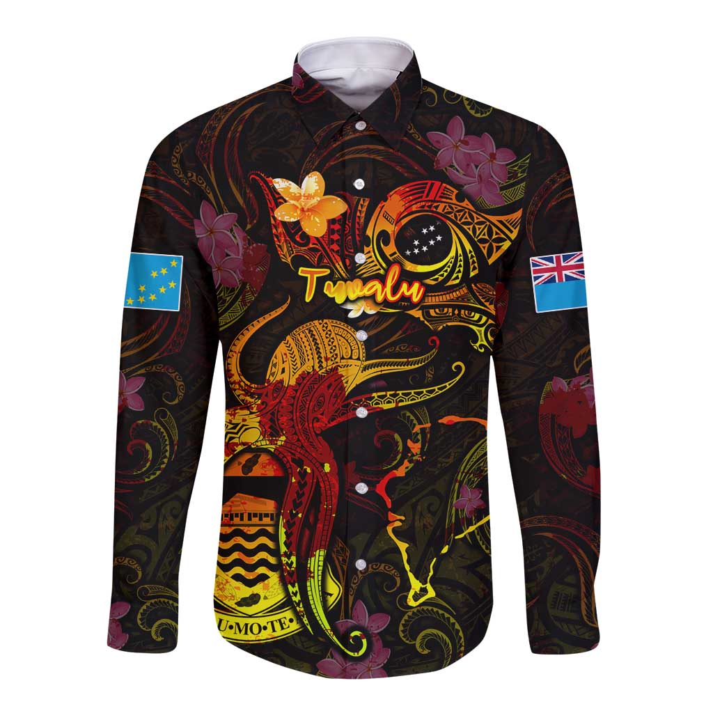 Tuvalu Long Sleeve Button Shirt Octopus Plumeria Polynesian Tattoo DT02 Unisex Black - Polynesian Pride