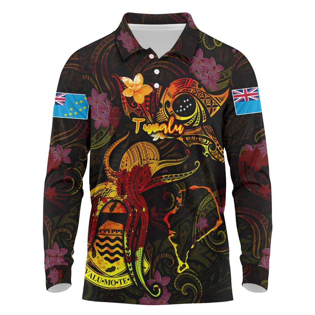 Tuvalu Long Sleeve Polo Shirt Octopus Plumeria Polynesian Tattoo DT02 Black - Polynesian Pride