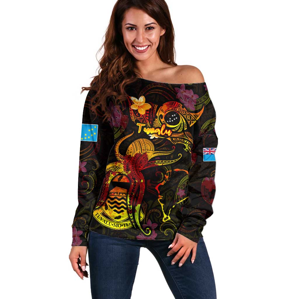 Tuvalu Off Shoulder Sweater Octopus Plumeria Polynesian Tattoo DT02 Women Black - Polynesian Pride