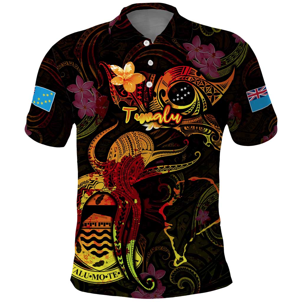 Tuvalu Polo Shirt Octopus Plumeria Polynesian Tattoo DT02 Black - Polynesian Pride