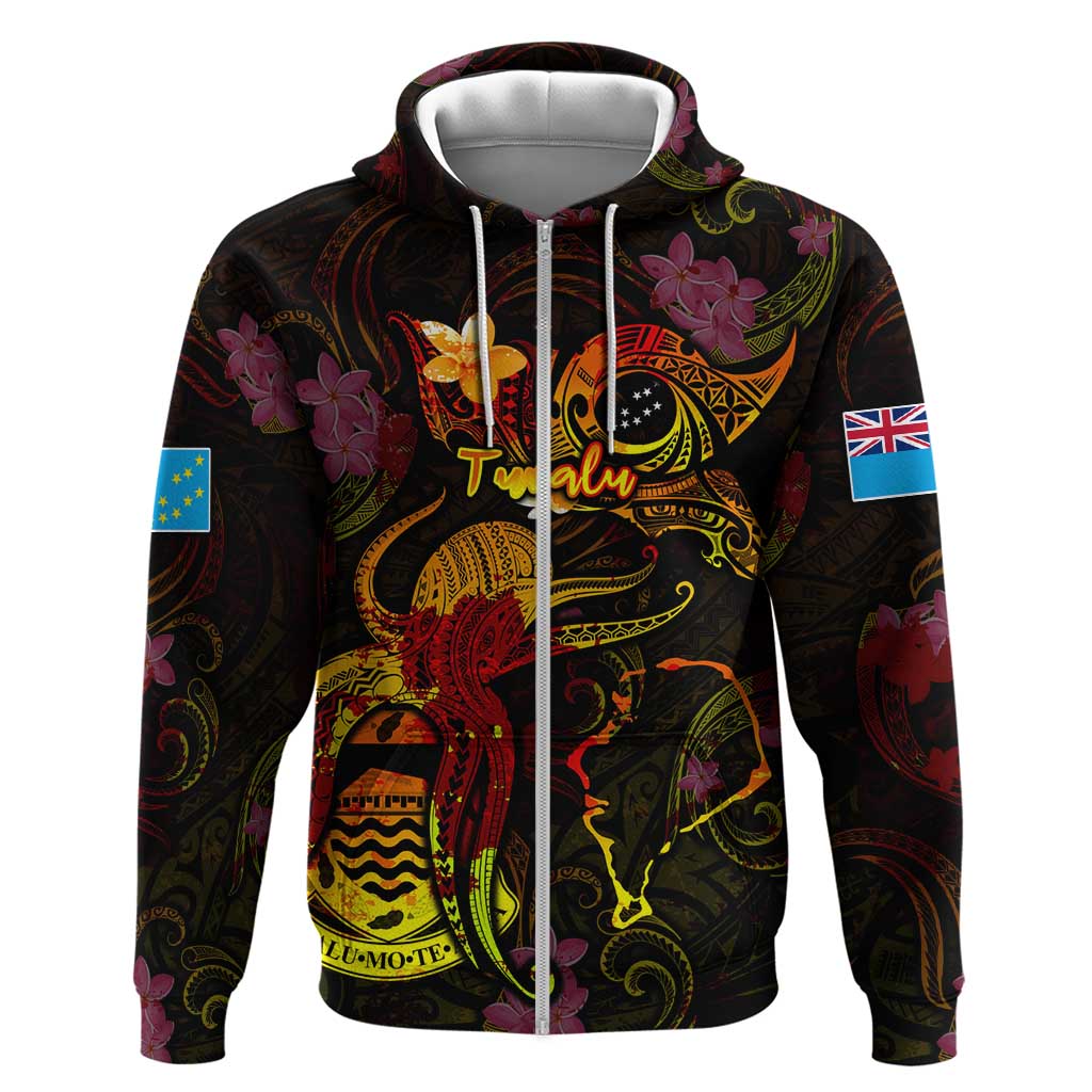 Tuvalu Zip Hoodie Octopus Plumeria Polynesian Tattoo DT02 Zip Hoodie Black - Polynesian Pride