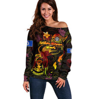 Northern Mariana Islands Off Shoulder Sweater Octopus Plumeria Polynesian Tattoo DT02 Women Black - Polynesian Pride