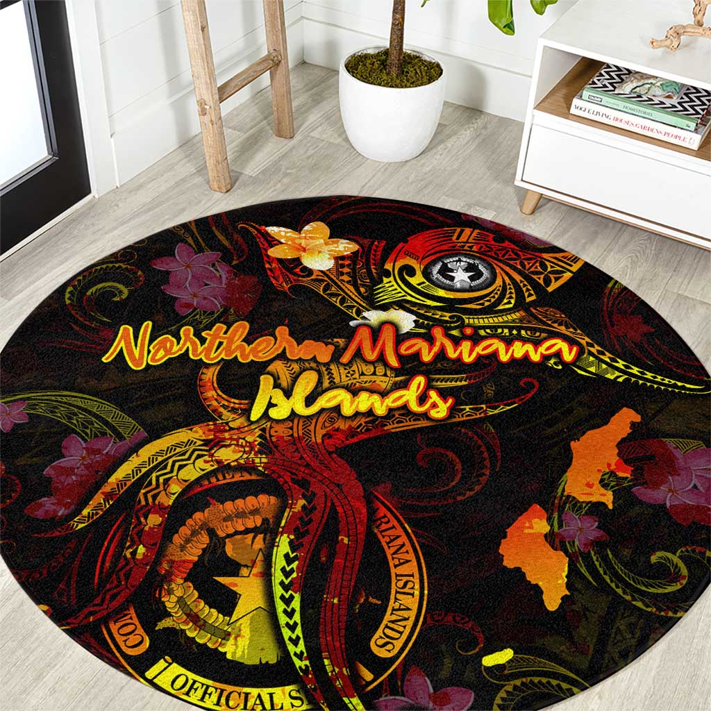 Northern Mariana Islands Round Carpet Octopus Plumeria Polynesian Tattoo DT02 Black - Polynesian Pride