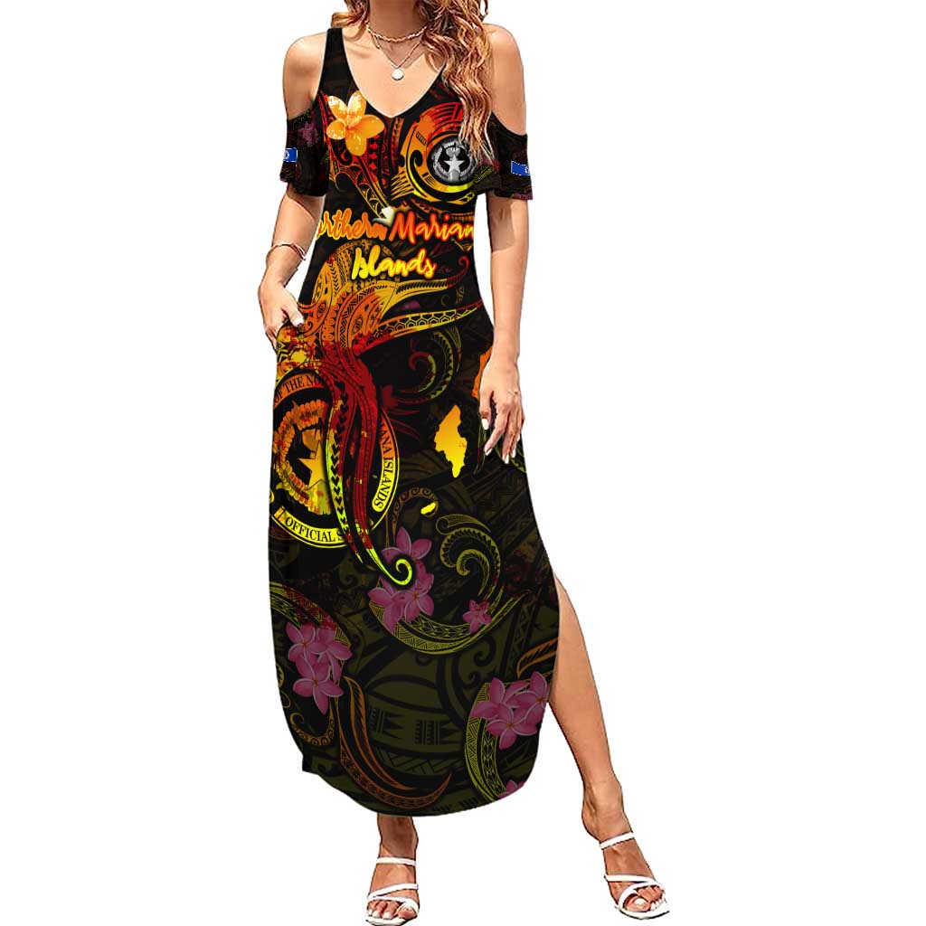 Northern Mariana Islands Summer Maxi Dress Octopus Plumeria Polynesian Tattoo DT02 Women Black - Polynesian Pride