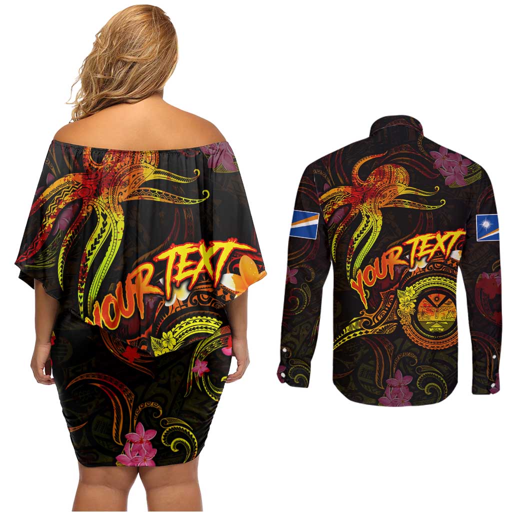 Marshall Islands Couples Matching Off Shoulder Short Dress and Long Sleeve Button Shirt Octopus Plumeria Polynesian Tattoo DT02 - Polynesian Pride