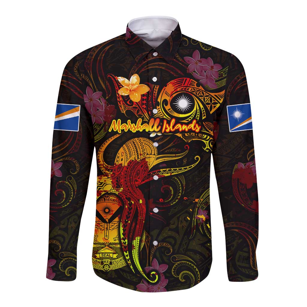 Marshall Islands Long Sleeve Button Shirt Octopus Plumeria Polynesian Tattoo DT02 Unisex Black - Polynesian Pride