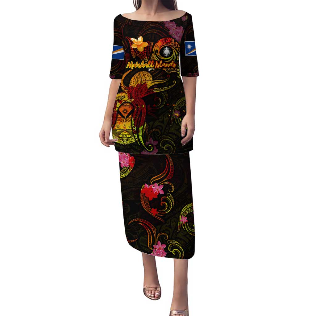 Marshall Islands Puletasi Octopus Plumeria Polynesian Tattoo DT02 Long Dress Black - Polynesian Pride