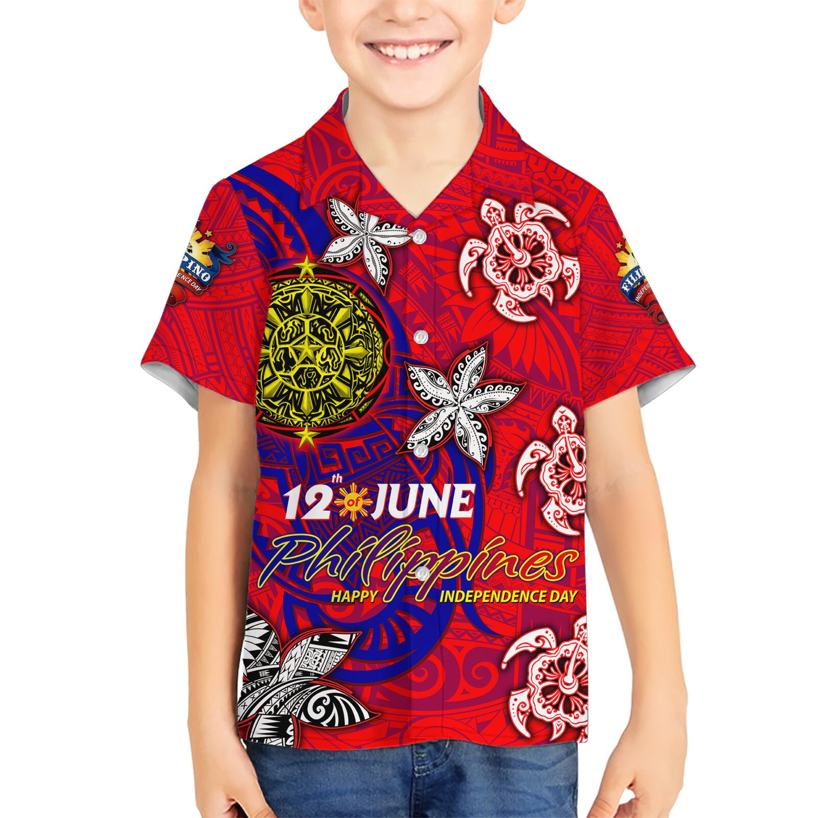 Personalized Philippines 12 June Independence Day Kid Hawaiian Shirt Polynesian Turtle Plumeria DT02 Kid Red - Polynesian Pride