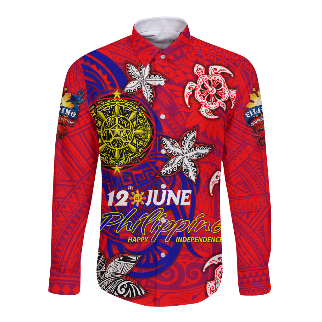 Personalized Philippines 12 June Independence Day Long Sleeve Button Shirt Polynesian Turtle Plumeria
