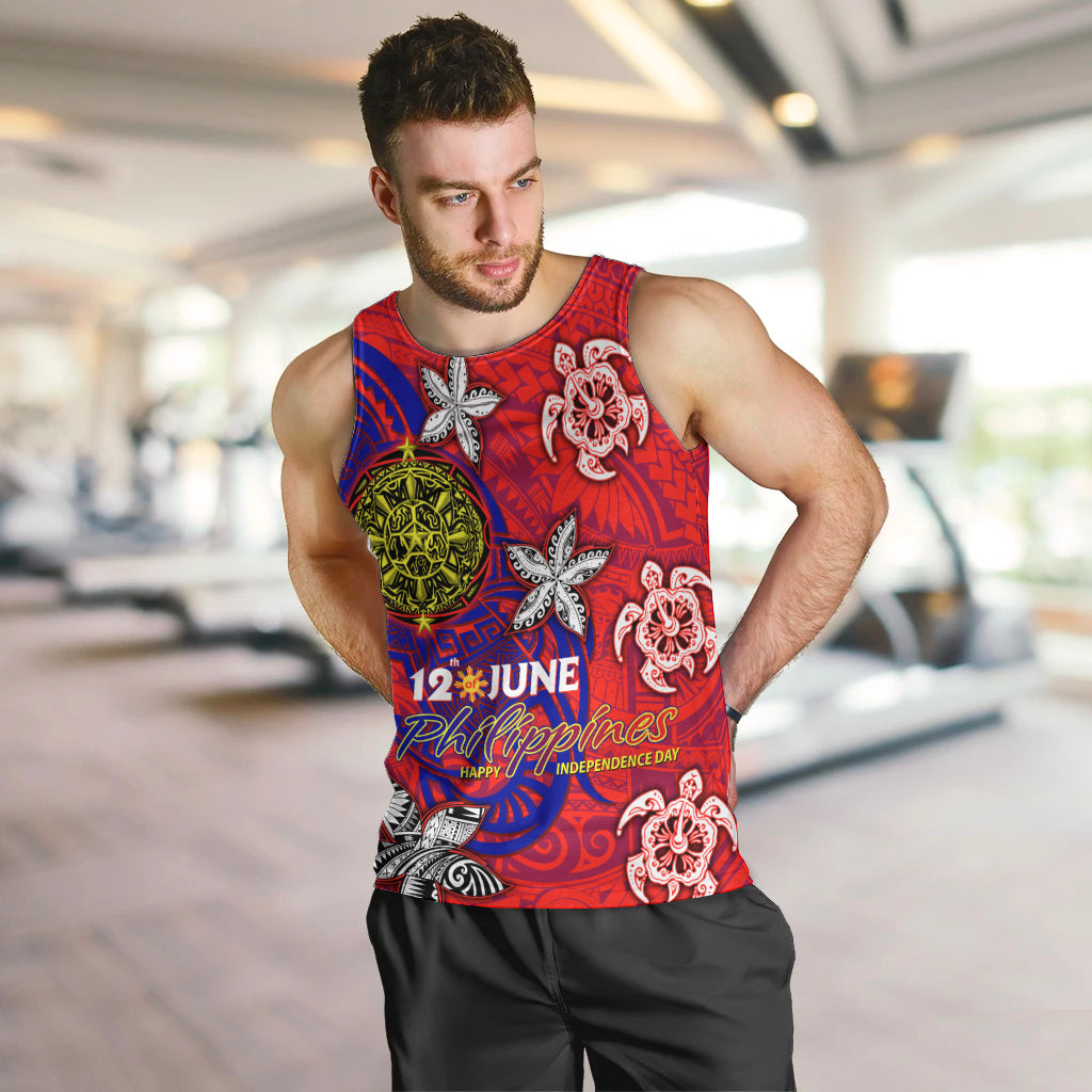 Personalized Philippines 12 June Independence Day Men Tank Top Polynesian Turtle Plumeria DT02 Red - Polynesian Pride