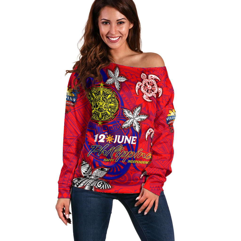 Personalized Philippines 12 June Independence Day Off Shoulder Sweater Polynesian Turtle Plumeria DT02 Women Red - Polynesian Pride