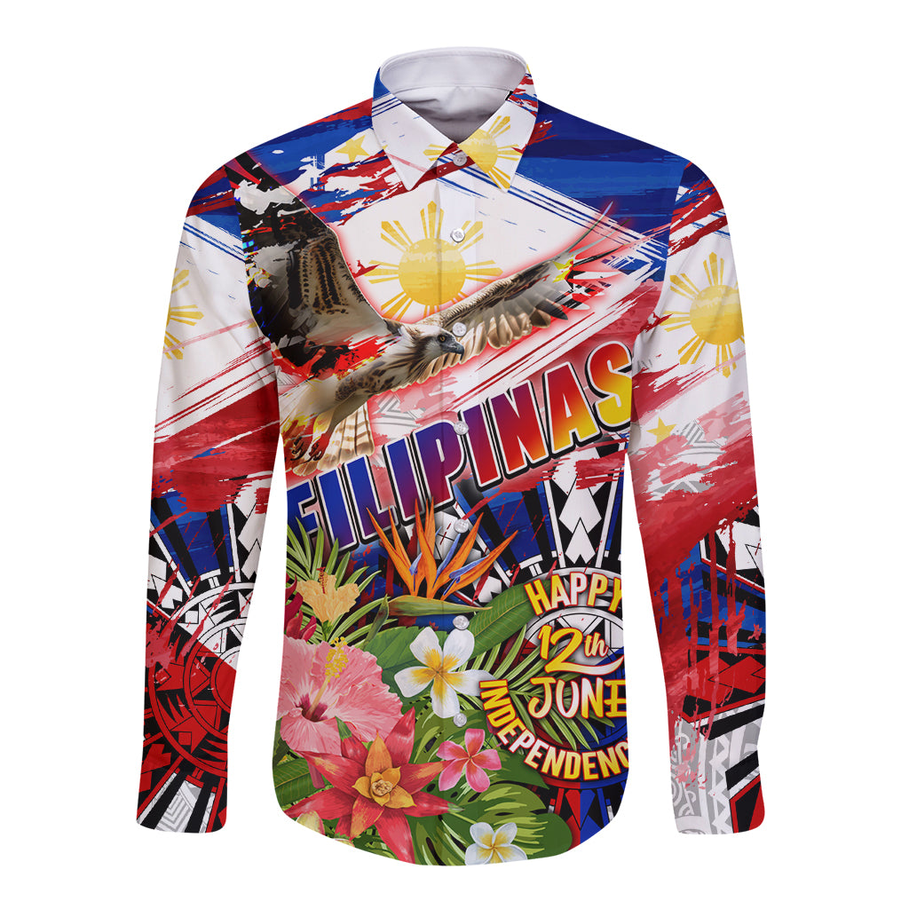 Personalized Philippines Independence Day Long Sleeve Button Shirt Polynesia Filipinas Eagle Hibiscus